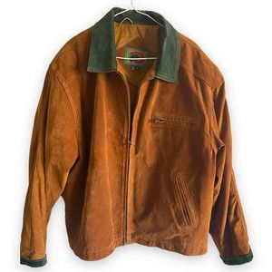 Boston Harbor Leather Jacket Mens XL Brown Suede Green vtg Collared Work Hunting